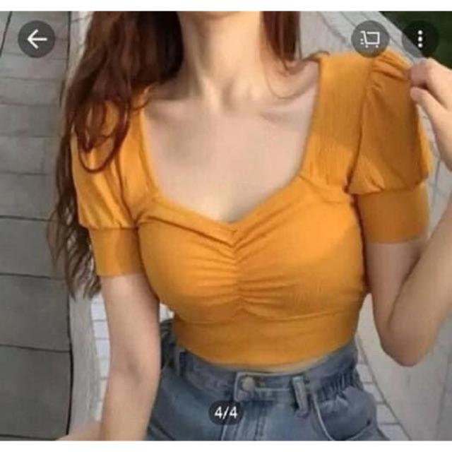 F785 Áo croptop ôm cổ vuông tim nhún ngực