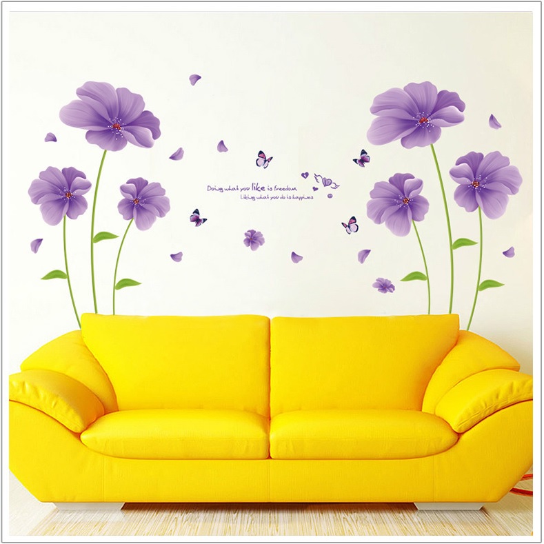 Decal dán trang trí phòng ngủ, phòng khách Hoa màu tím lãng mạn ấm cúng và thông điệp ý nghĩa