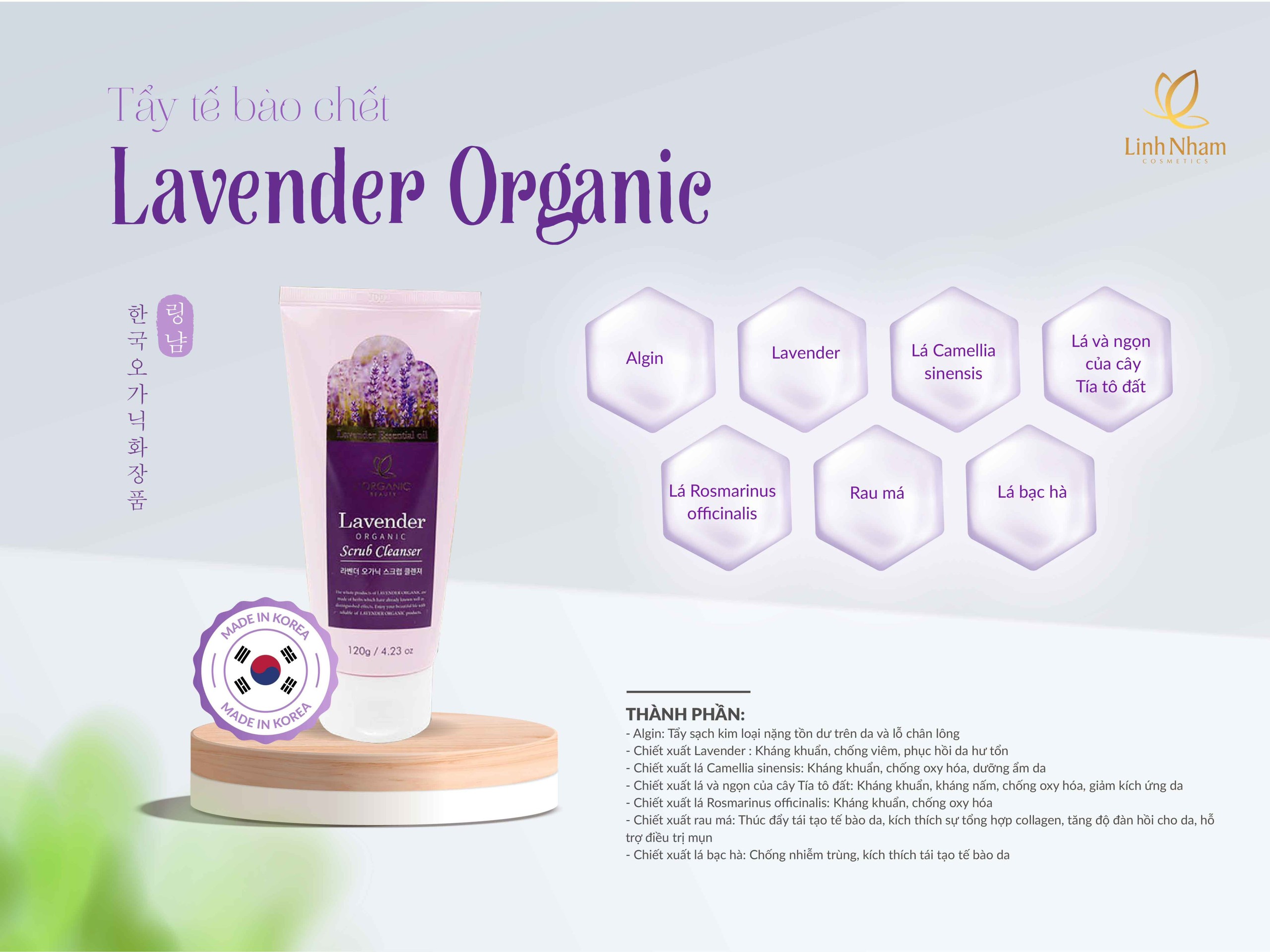 Gel Tẩy Tế Bào Chết Lavender Organic Linh Nhâm (LAVENDER ORGANIC SCRUB CLEANSER) 120g, Giảm Mụn Trứng Cá, Không làm Khô Da