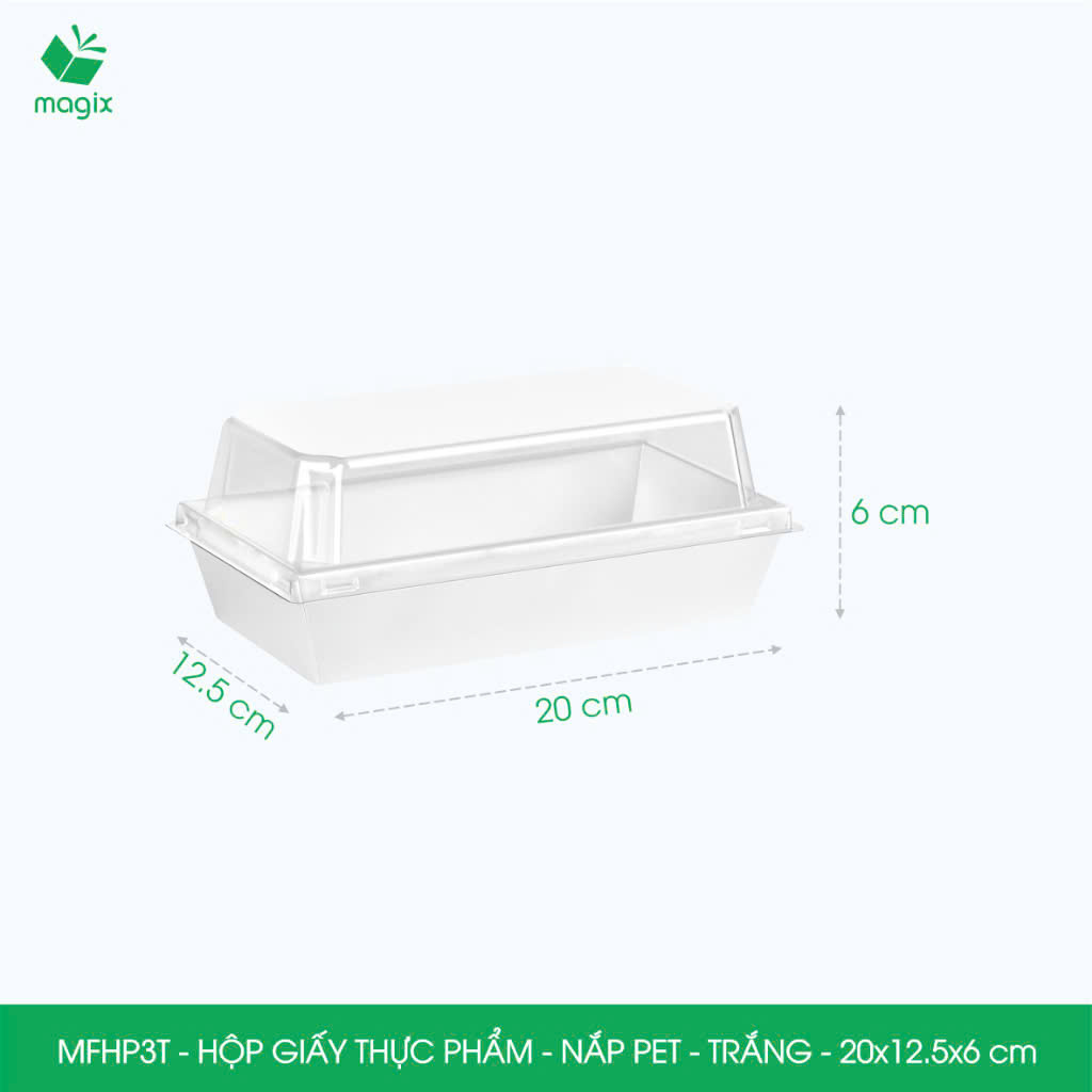 MFHP3T - 20x12.5x6 cm - 25 hộp giấy thực phẩm màu trắng nắp Pet, hộp giấy chữ nhật đựng thức ăn, hộp bánh nắp trong