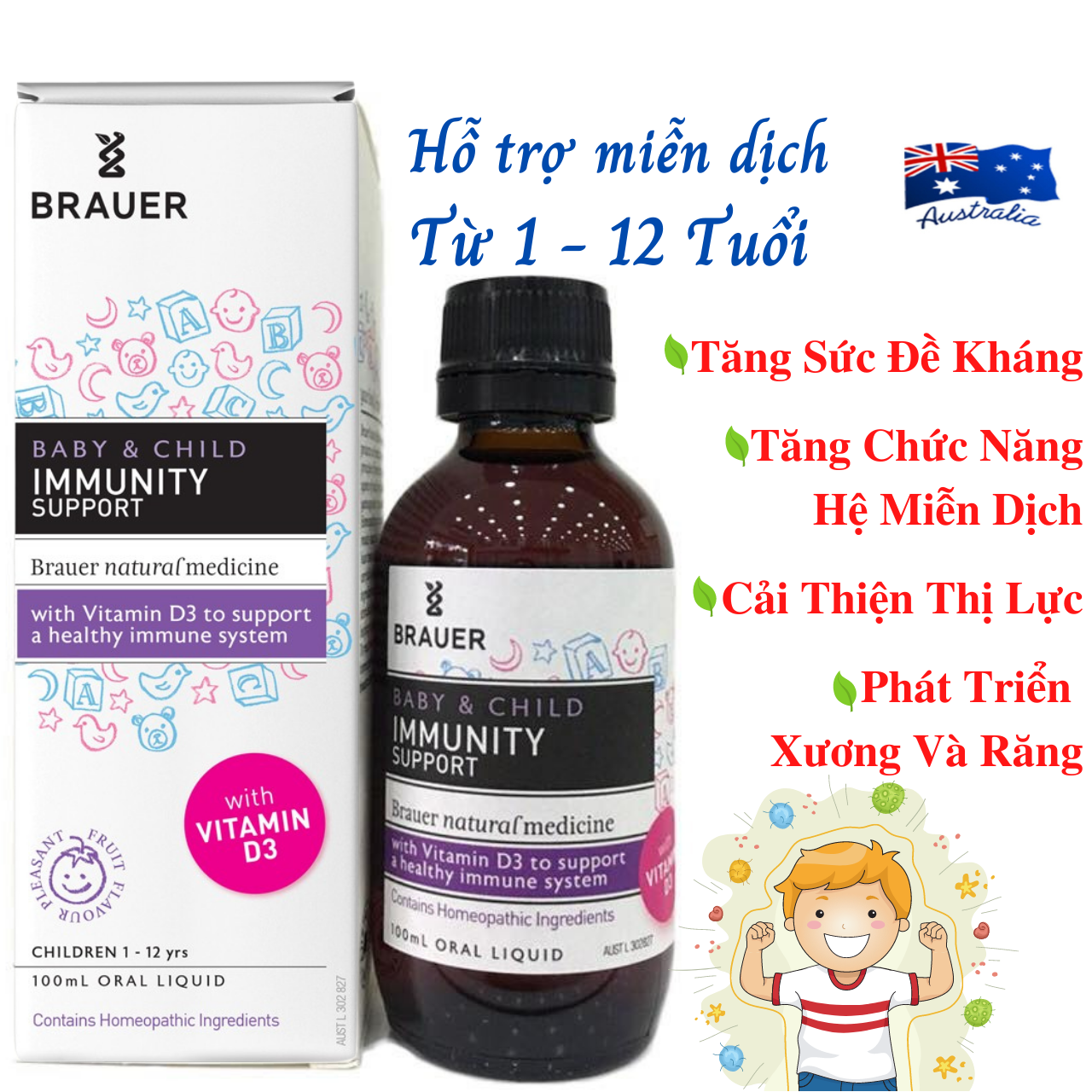 Hỗ trợ miễn dịch Cho Bé Brauer Immunity Support  Tăng Sức Đề Kháng Giảm Cảm Cúm, Nhanh Lành Bệnh, Cải Thiện Thị Lực, Hấp Thụ Canxi Giúp Phát Triển Xương Và Răng – Lọ - Massel Official