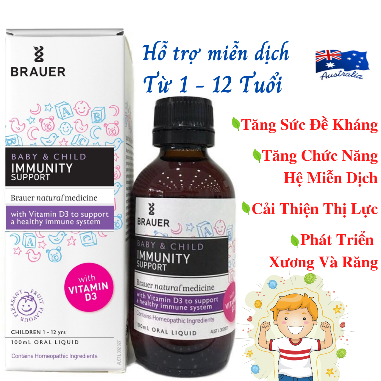 Hỗ trợ miễn dịch Cho Bé Brauer Immunity Support (Nội Địa) Tăng Sức Đề Kháng Giảm Cảm Cúm, Nhanh Lành Bệnh, Cải Thiện Thị Lực, Hấp Thụ Canxi Giúp Phát Triển Xương Và Răng – Lọ - Massel Official