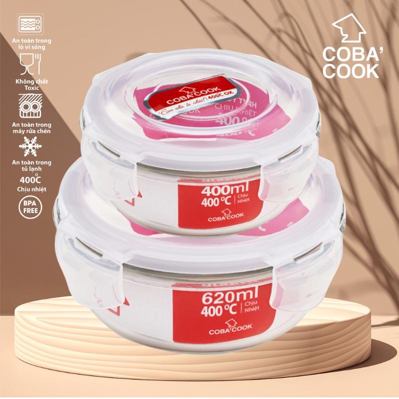 Bộ 2 hộp thủy tinh hình tròn trữ thực phẩm chịu nhiệt 620ml-400ml COBA'COOK-CCR6R42