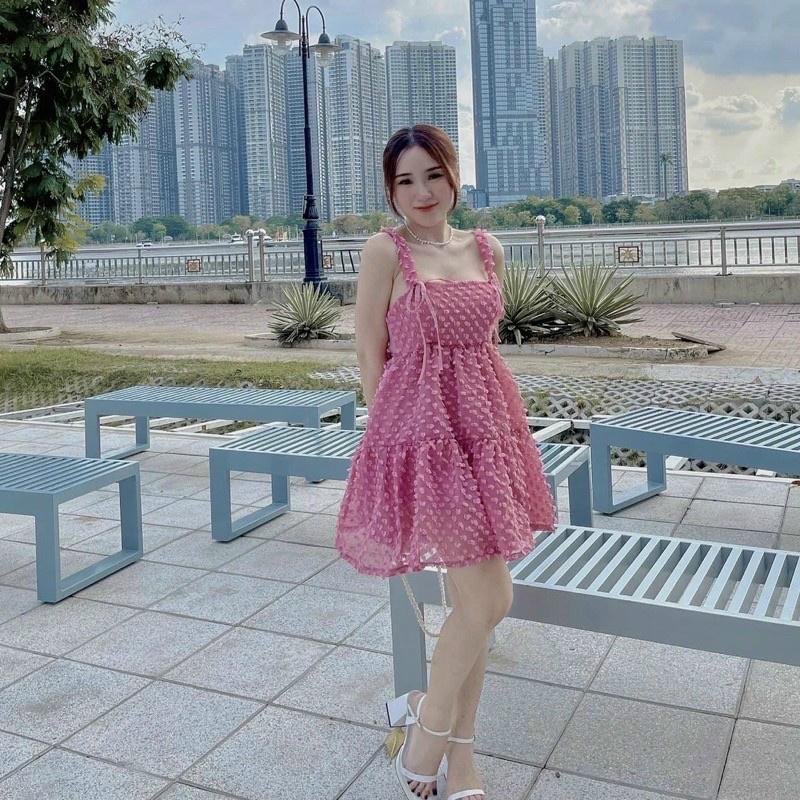 Đầm xoè xô bông 2 dây phối nơ xinh xắn
