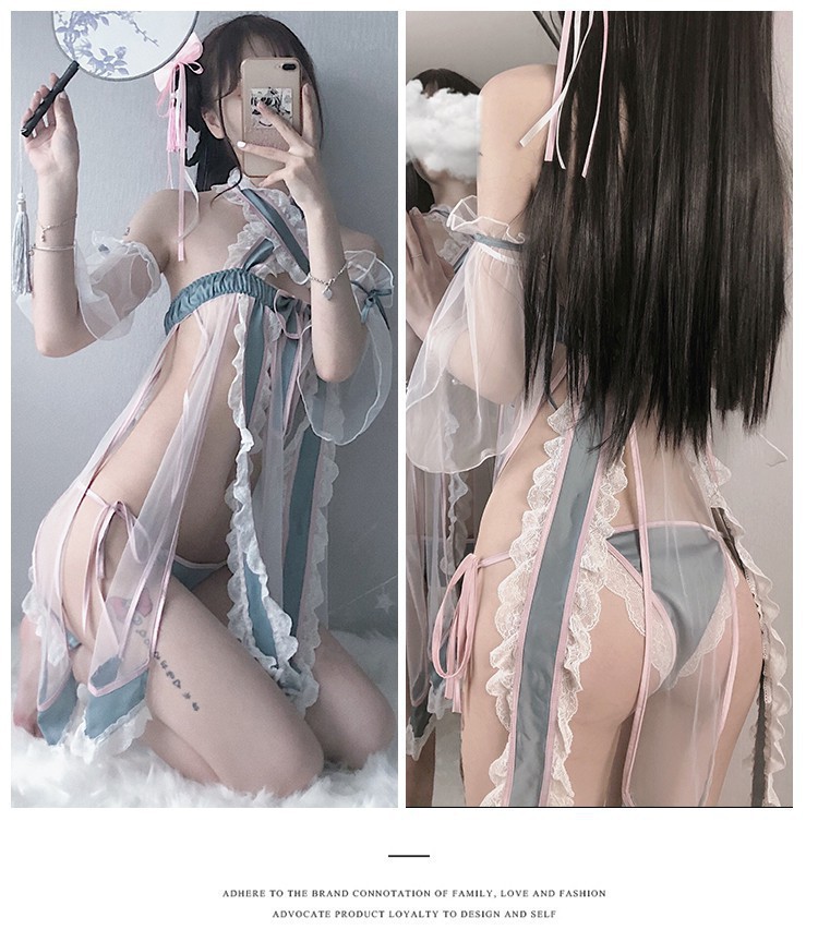 Đồ ngủ Hanfu xẻ tà cổ điển có quạt đạo cụ