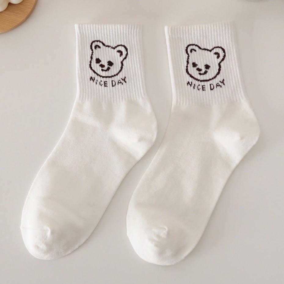Tất cổ cao Bivota Vớ tất cổ cao nữ trắng họa tiết hình thú xinh xắn vải cotton co giãn thời trang Hàn Quốc