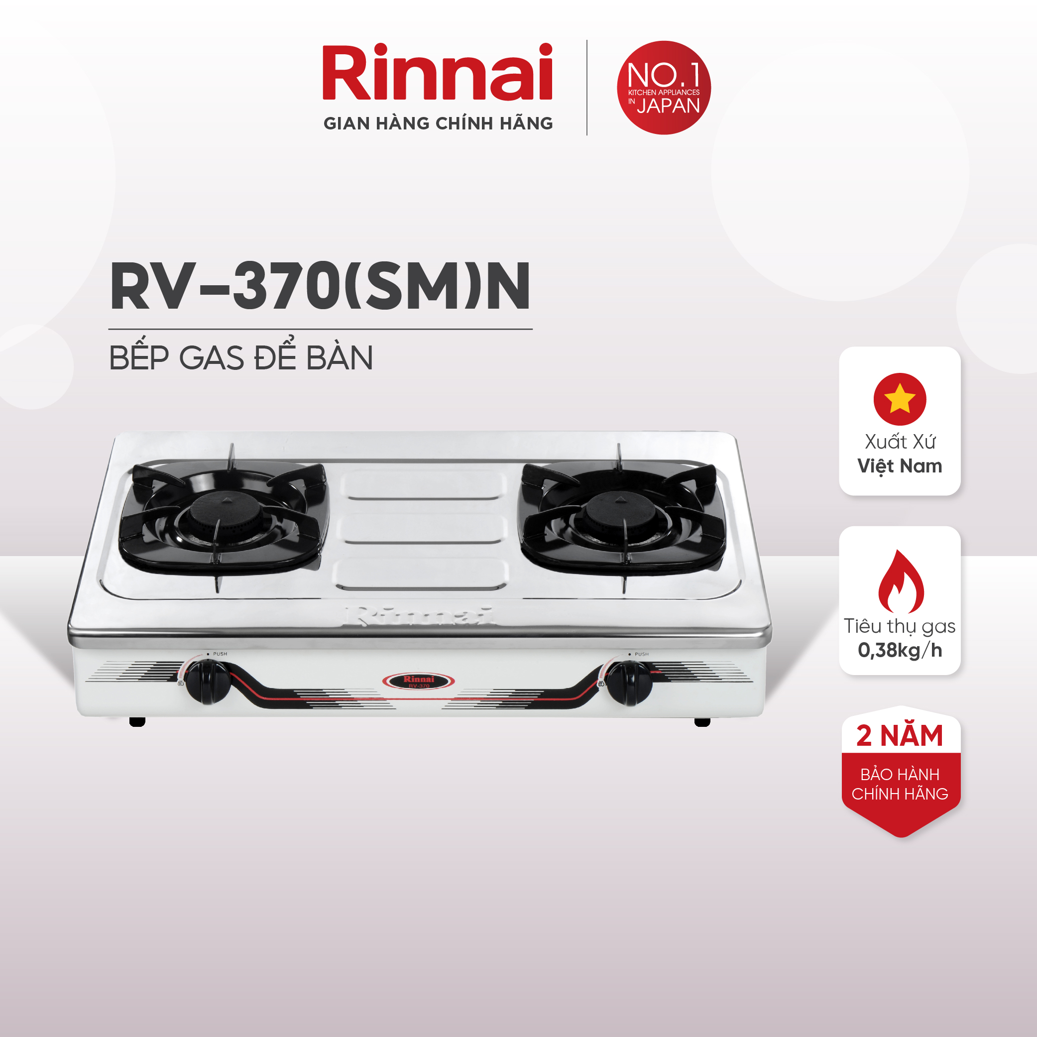 Bếp gas dương Rinnai RV-370(SM)N mặt bếp inox và kiềng bếp men - Hàng chính hãng.