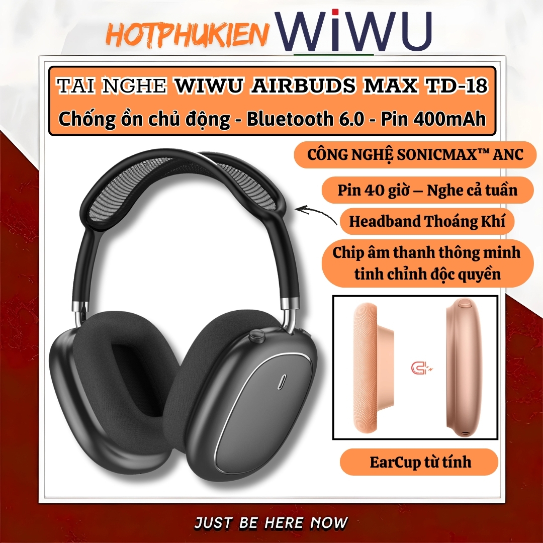 Tai nghe chống ồn chủ động SonicMax ANC cao cấp WIWU Airbuds MAX TD-18 -38dB | Driver 40mm | Pin 40 Giờ | Earcups Xoay | Headband Thoáng Khí - hàng nhập khẩu