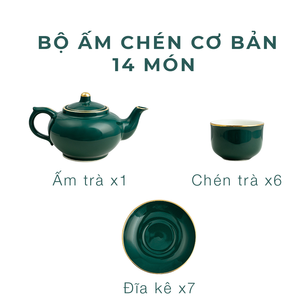 Bộ ấm chén sứ cao cấp xanh cổ vịt kẻ viền vàng kim trang nhã, ấm pha trà sứ đẹp quà tặng