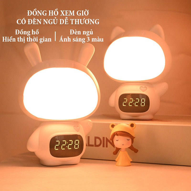 Đồng hồ xem giờ có đèn ngủ hình con thỏ dễ thương ánh sáng 3 màu, tăng giảm điều chỉnh độ sáng 5 cấp độ, pin sạc lithium 300mA