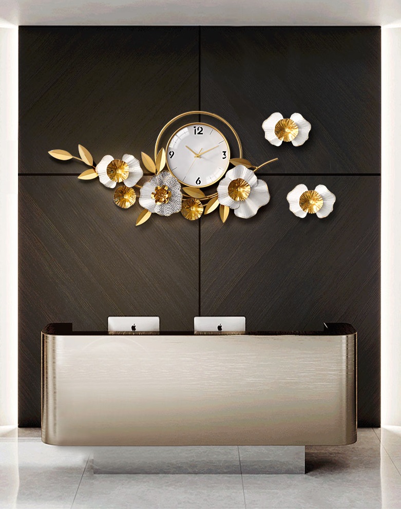 Đồng hồ trang trí nhà cửa lá ngang 3D sang trọng phong cách hiện đại A2106