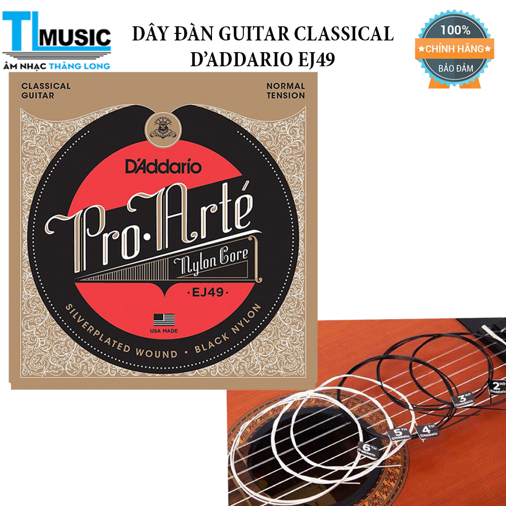 Bộ dây đàn Guitar Classic/ Classical Guitar String Set - D'Addario EJ49 - Pro-Arte Nylon Core, Normal Tension, Silverplated Wound, Black Nylon - Hàng chính hãng