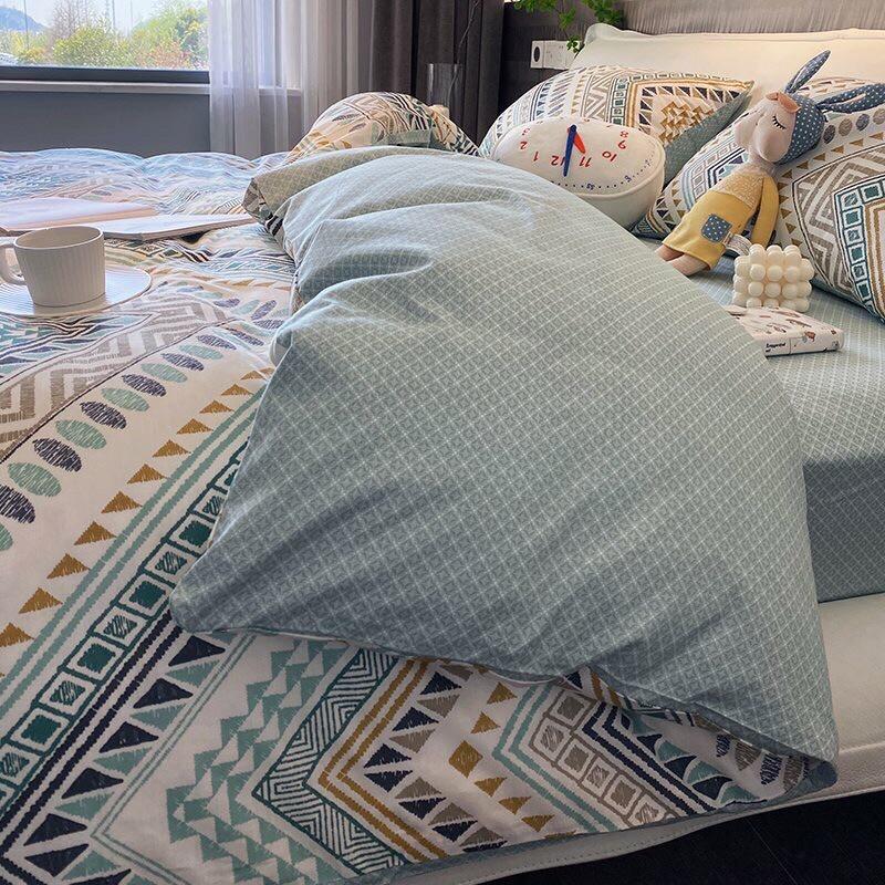 Bộ Chăn Ga Gối Cotton Living 100%cotton Hàng Nhập Khẩu Cao Cấp 4 Món Thổ Cẩm Xanh