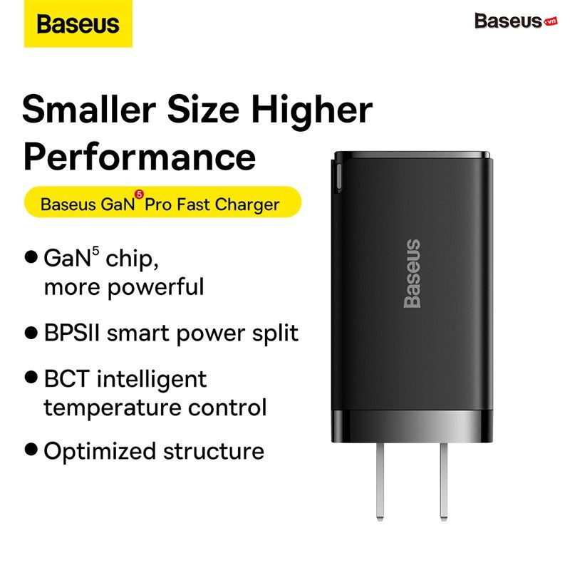 Bộ Sạc Nhanh kèm Cáp C to C Baseus GaN5 Pro Quick Charger 65W (Combo Củ kèm Cáp sạc 100W, Type Cx2 + USB , PD3.0/ PPS/ QC4.0/ SCP/ FCP Multi Quick Charge Protocol) Hàng chính hãng