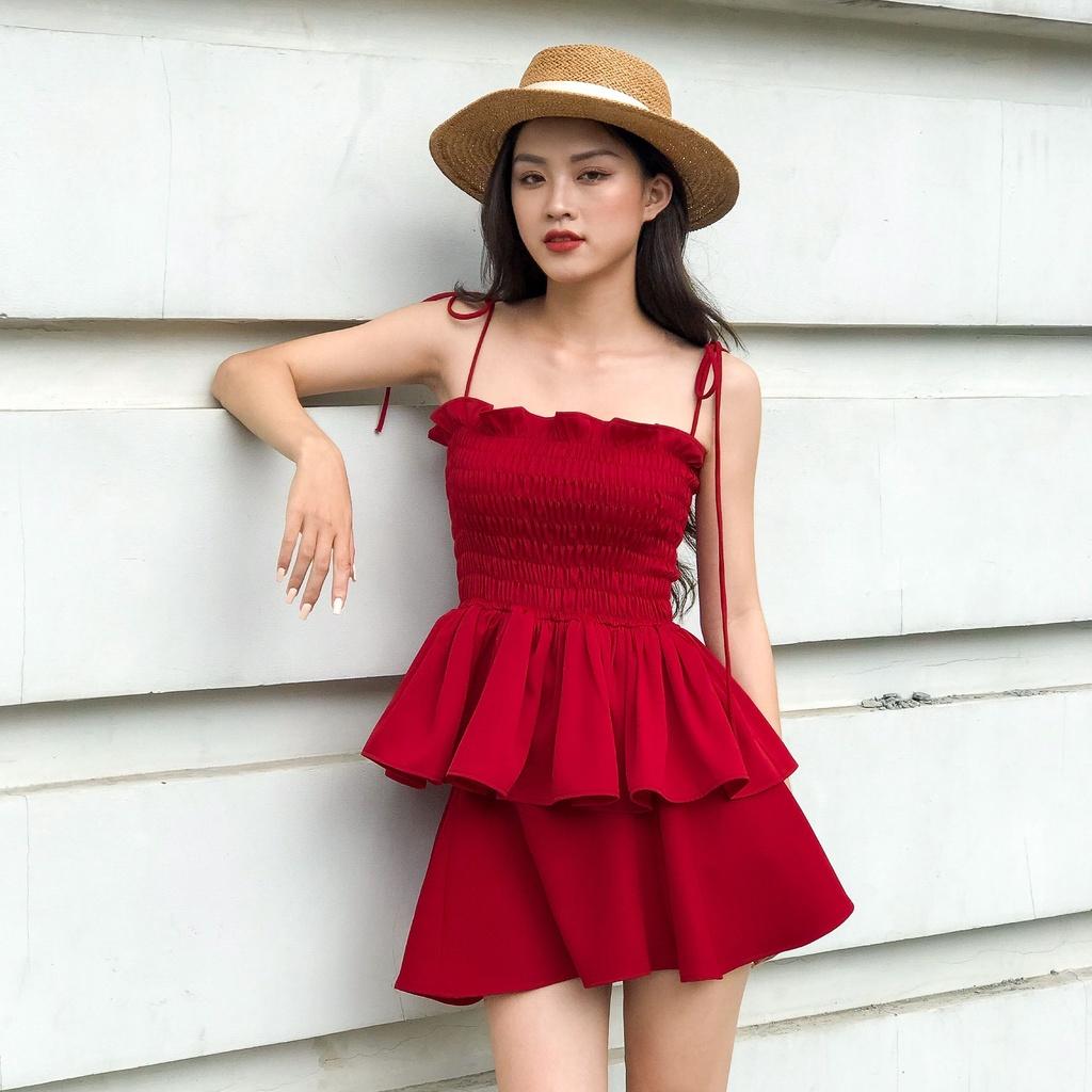 KIOBI - Chân váy Short Laluna form mini rã 7 mảnh, dáng váy ôm trên xòe dưới, eo lưng cao, vải cotton bố đỏ - KIV20121DO