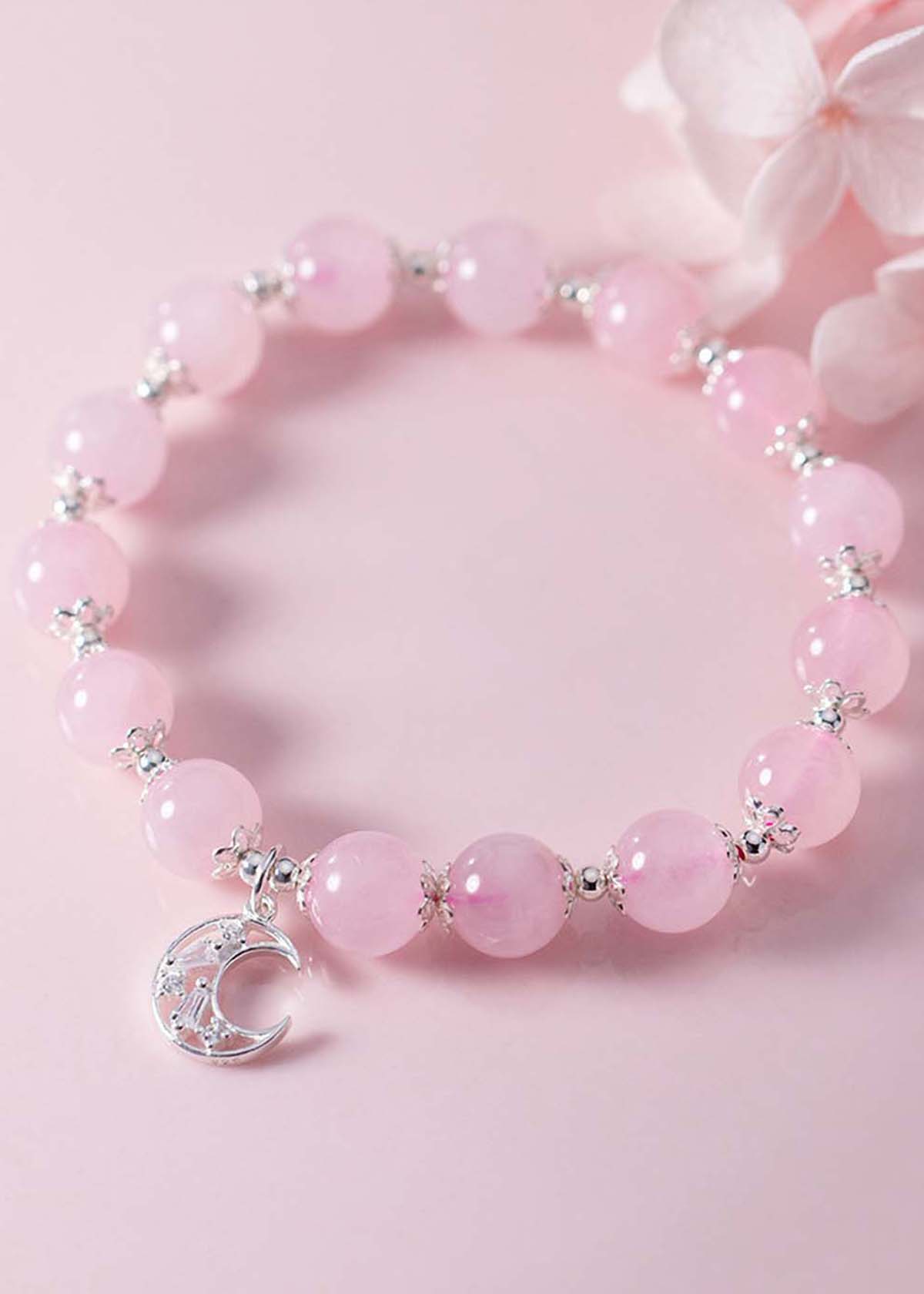 Vòng tay đá thạch anh hồng charm mặt trăng mệnh hỏa, thổ - Ngọc Quý Gemstones