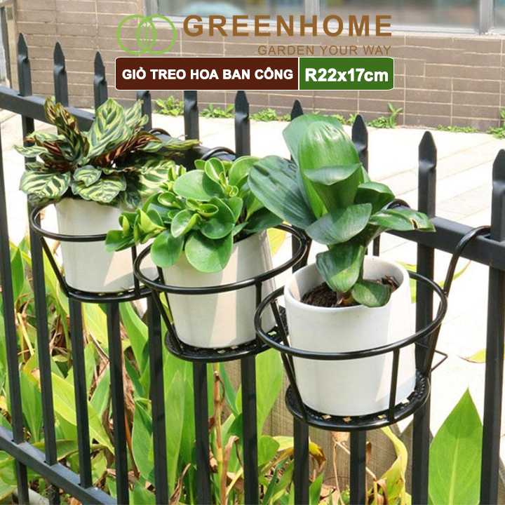 Giỏ treo hoa ban công, D22xC18cm, chất liệu sắt sơn tĩnh điện, phù hợp với mọi lan can |Greenhome