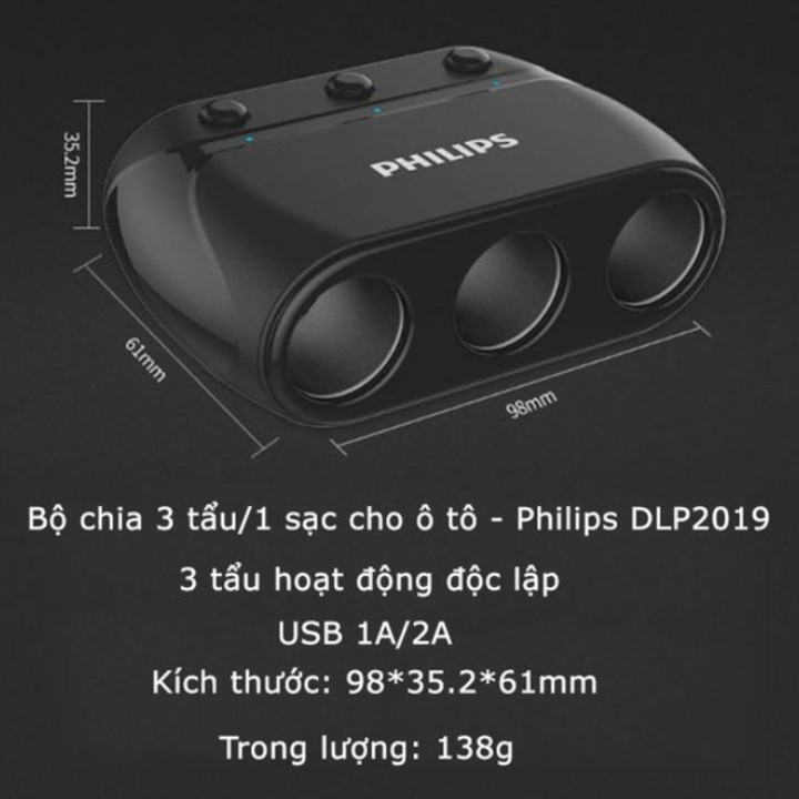 Bộ chia tẩu sạc ô tô, xe hơi nhãn hiệu Philips DLP2019 tích hợp 3 cổng chuyển đổi độc lập, đèn led hiển thị điện áp, dòng điện sạc, công suất đầu ra 120W