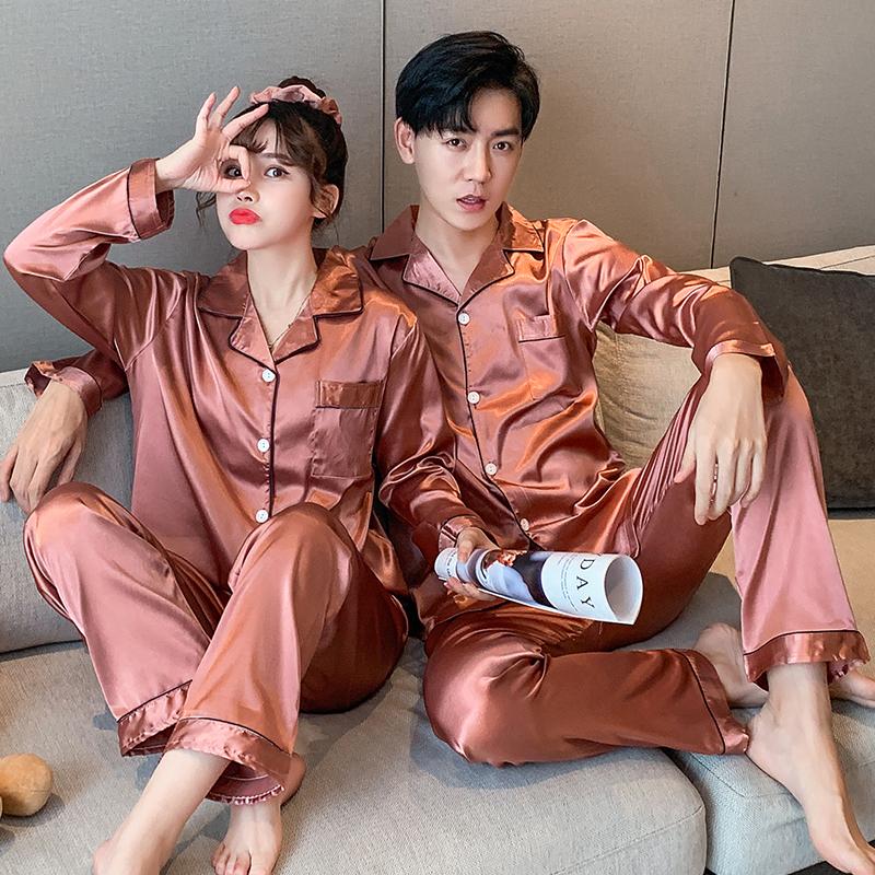 Đồng Màu Đồ Ngủ Lụa Satin Bộ Đồ Ngủ Cặp Đôi Bộ Dài Cài Nút Pyjamas Phù Hợp Với Bộ Pijama Nữ Nam Loungewear