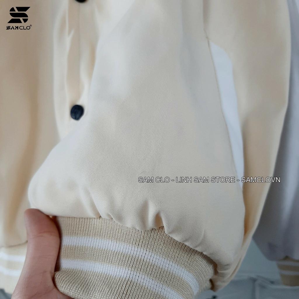 Áo khoác DA LỘN BOMBER nam nữ SAM CLO freesize phong cách bóng chày form rộng unisex mặc cặp - couple THÊU CHỮ R-CLASSIC