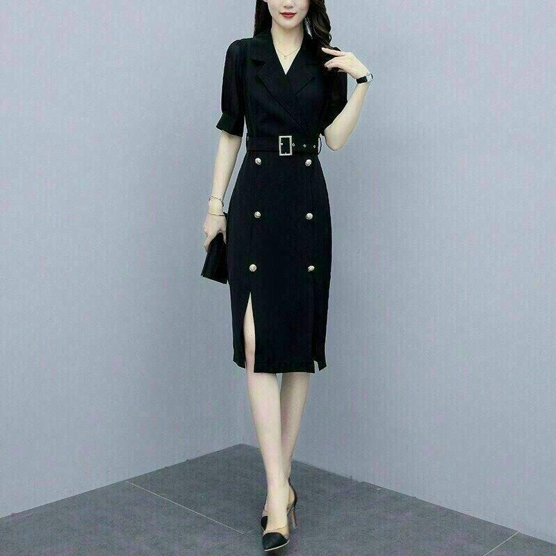 Đầm Đen Cổ Vest Sang Trọng, Phối Đá Đính Dọc Thân Kèm Belt Rời, Đủ Size