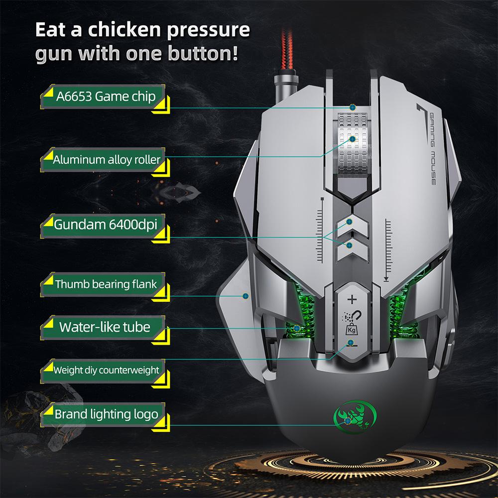 Chuột chơi game có dây HXSJ J800 lập trình macro bảy phím với sáu DPI có thể điều chỉnh Hiệu ứng ánh sáng RGB đầy màu sắc