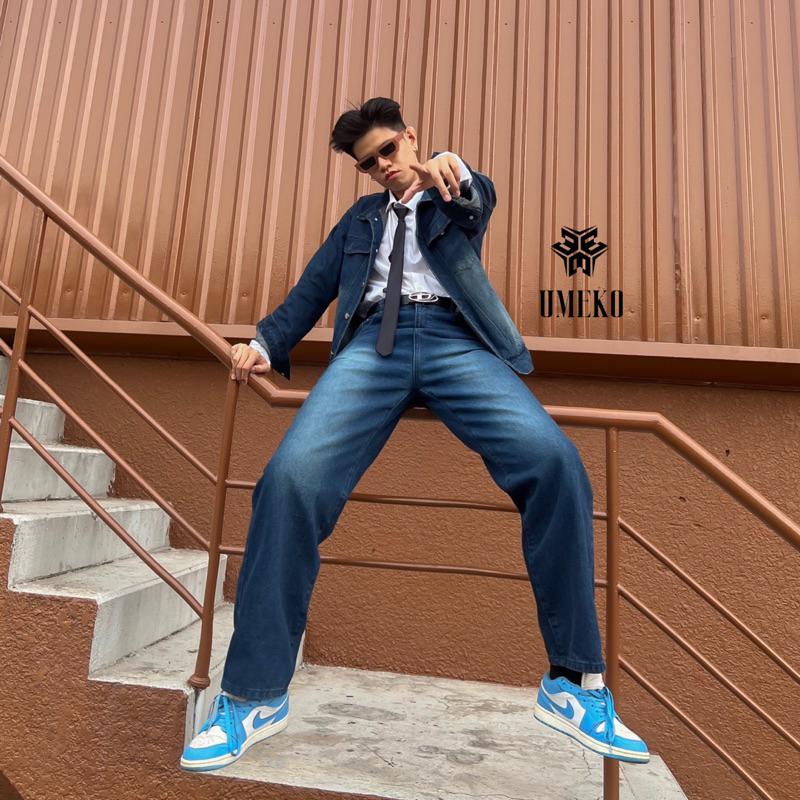 UMEKO Set Denim On Denim Gồm Áo Khoác Jacket Jean Tay Dài Và Quần Jean Form Suông Ống Rộng Thời Trang Y2K Retro Basic