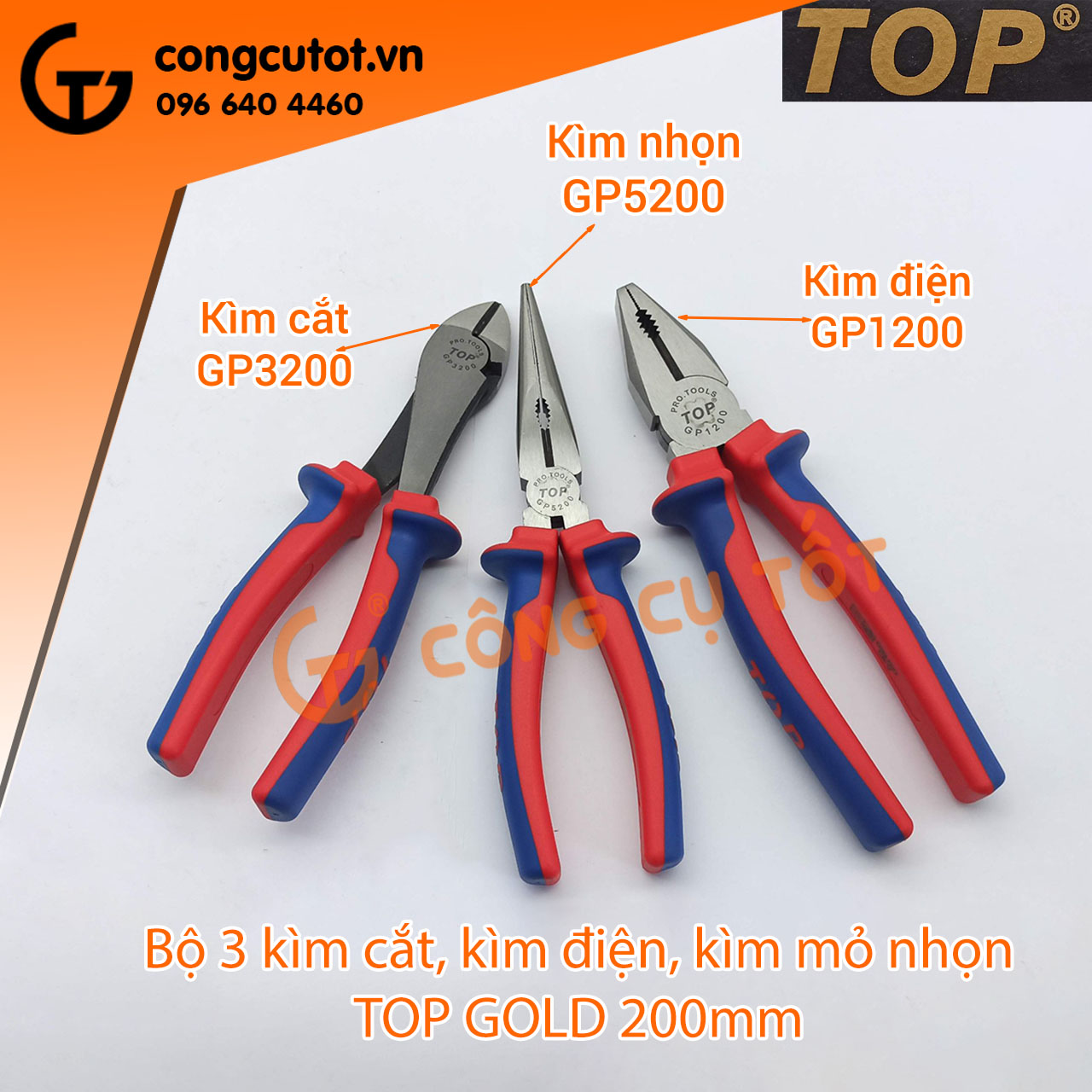 Bộ 3 kìm điện, kìm cắt, kìm mỏ nhọn cao cấp 200mm TOP Gold Đài Loan