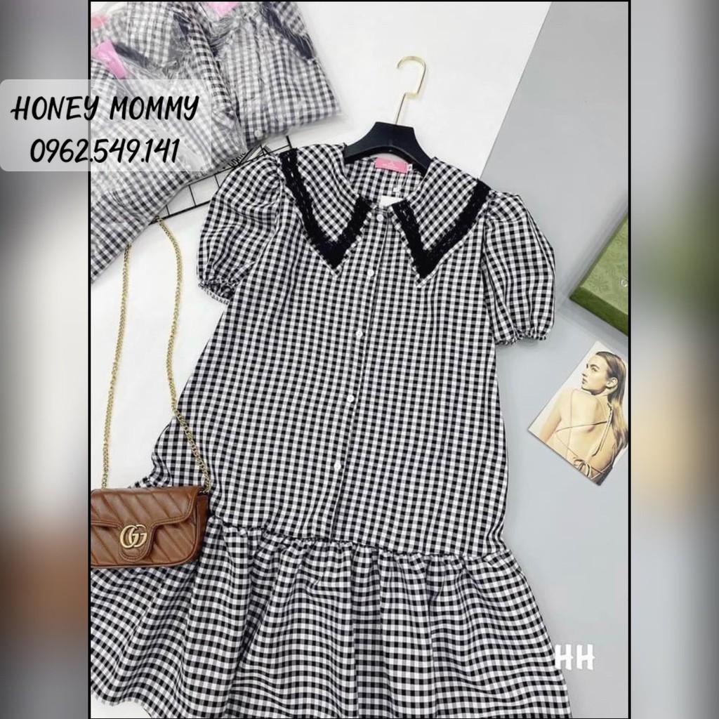 Váy Bầu Kẻ Caro Có Cúc Cho Con Bú Dáng Suông Đuôi Cá HD2834 Honey Mommy Đầm Bầu Hè Ngắn Tay Công Sở Đi Chơi Có Cổ