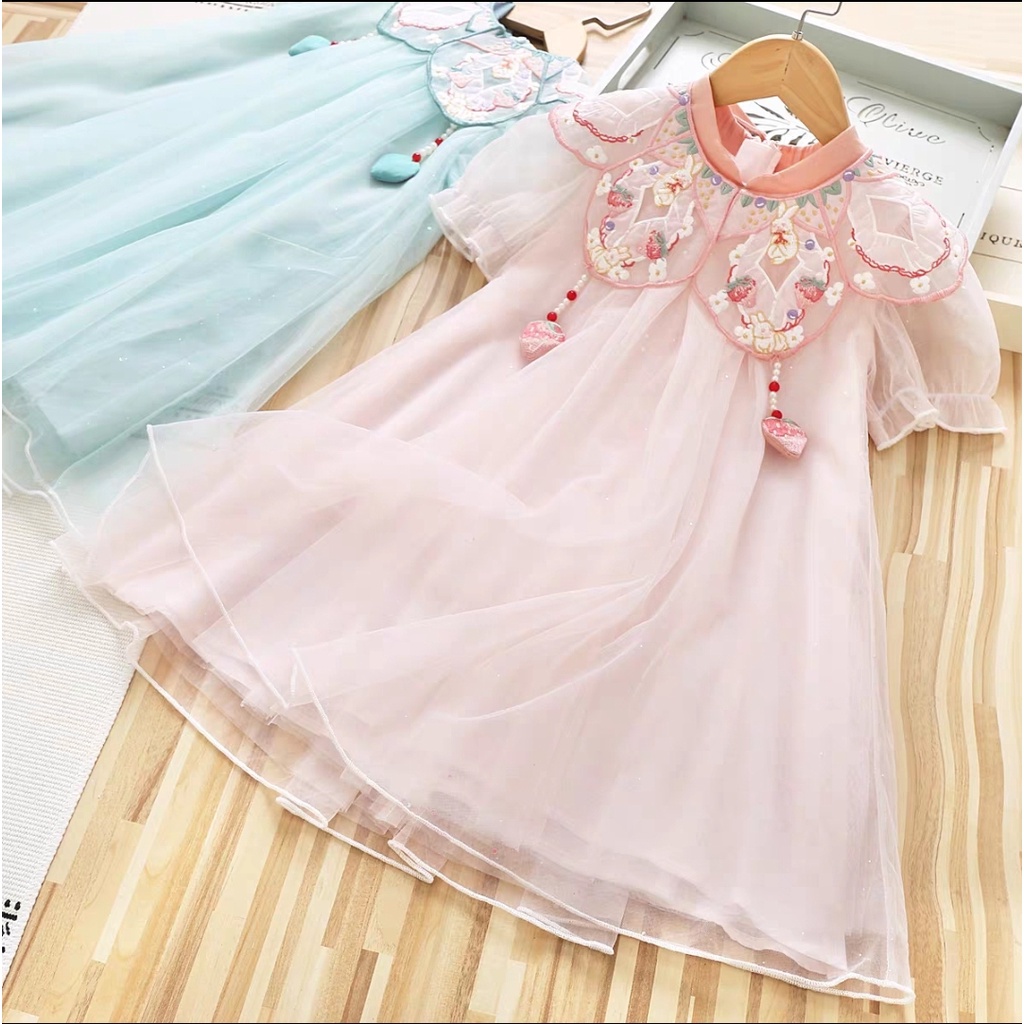 Đầm công chúa sườn xám cổ trang thêu hoa cho bé gái diện tết trung thu đẹp size 15-40kg hàng Quảng Châu