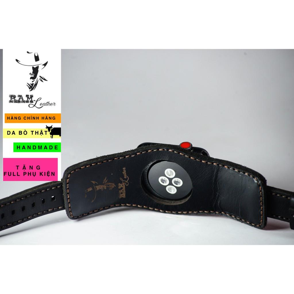 Dây đồng hồ da bò handmade - RAM black + b2 (tặng khóa, chốt, cây thay dây)