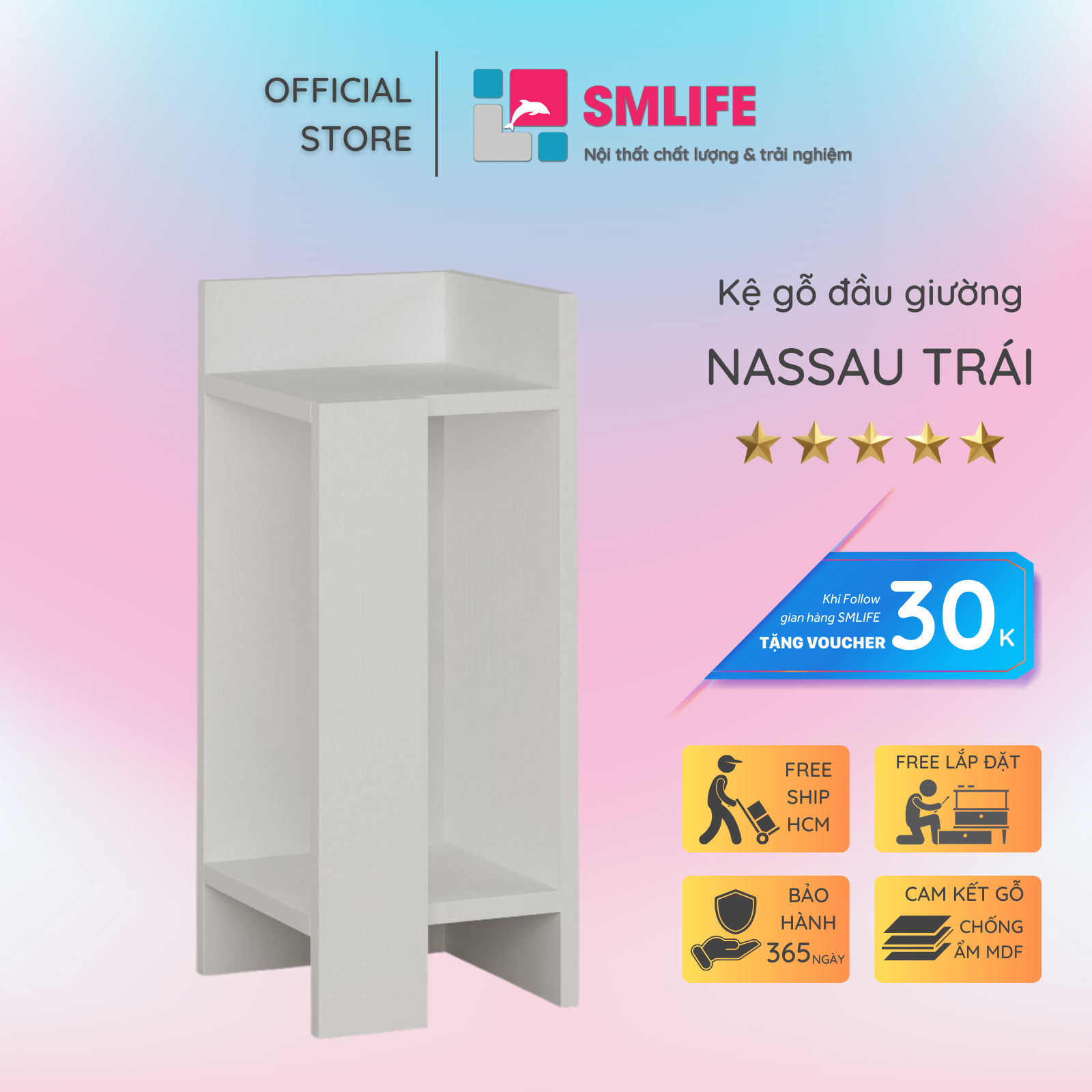 Tủ gỗ đầu giường hiện đại SMLIFE Nassau – Cạnh trái | Gỗ MDF dày 17mm chống ẩm | D25xR27.7xC60cm