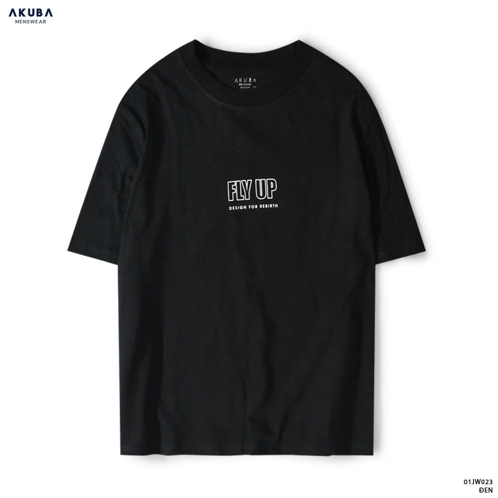 Áo thun nam đen tay ngắn AKUBA form oversize, vải 100% cotton, họa tiết in gel không rách, không co rút 01JW023
