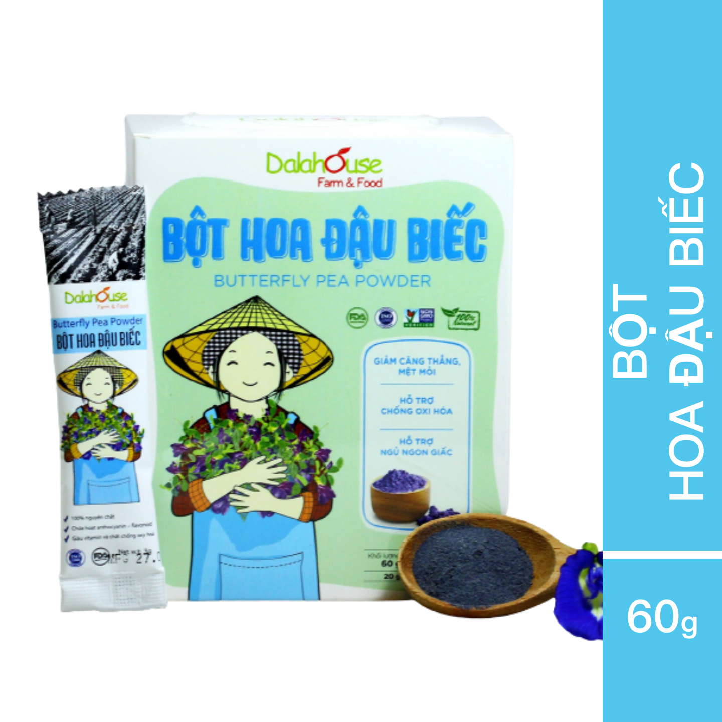 Bột HOA ĐẬU BIẾC hữu cơ sấy lạnh Dalahouse - Hộp 20 gói 3gr tiện lợi - Giảm căng thẳng mệt mỏi, hỗ trợ chống ô xy hóa, tốt cho mắt và giúp cho giấc ngủ sâu 