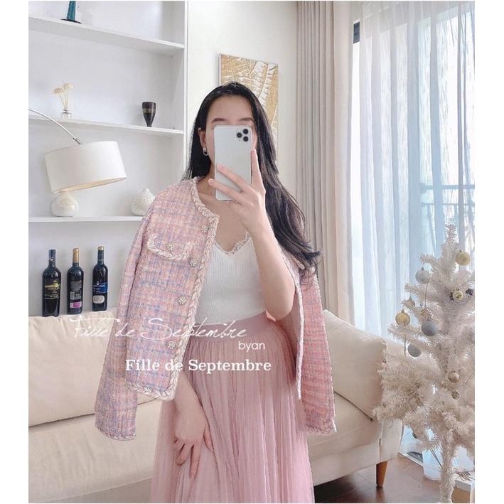 Áo khoác dạ tweed hồng khuy hoa hàng qc