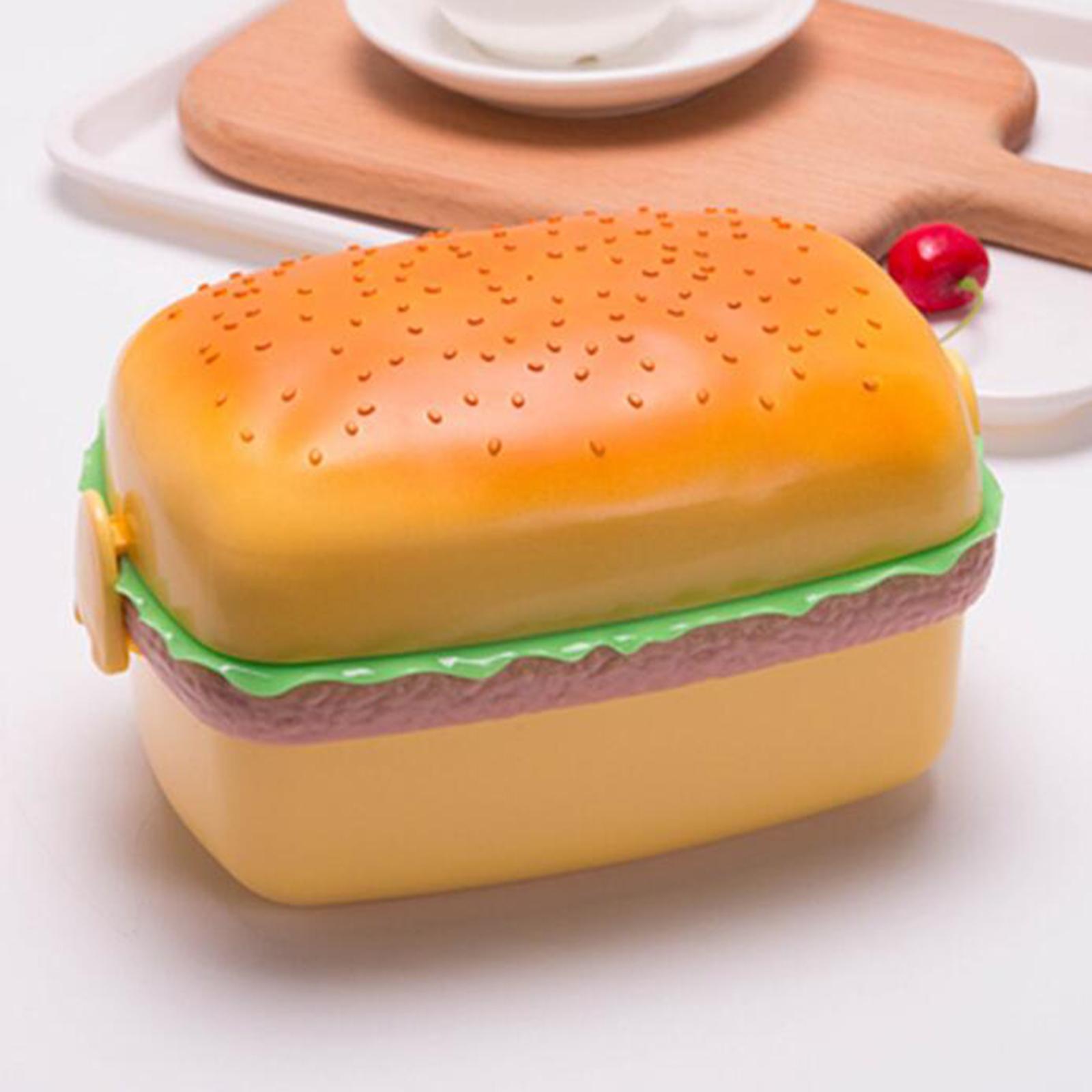Cartoon Hamburger Lunch Box, 3 Compartment Bento Box with Fork and Spoon Food Storage Container for Kids Adults Work
