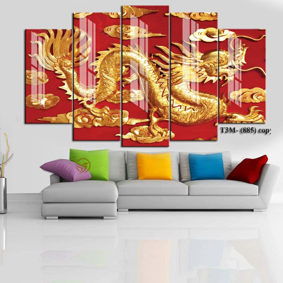 Tranh treo tường trang trí Rồng 5 tấm 3D/gỗ MDF Hàn Quốc chống ẩm mốc, mối mọt