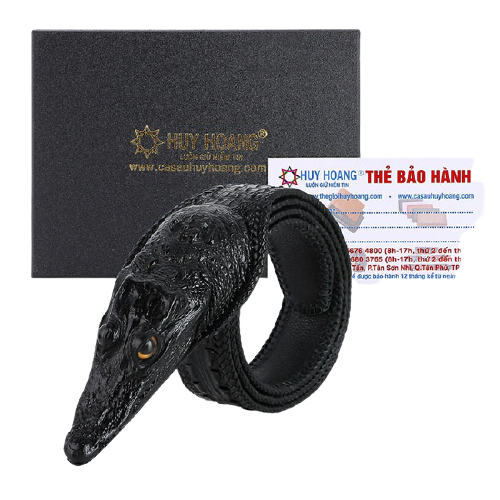 Dây nịt nam da cá sấu Huy Hoàng nguyên con lớn đầu cá sấu màu đen HP4252