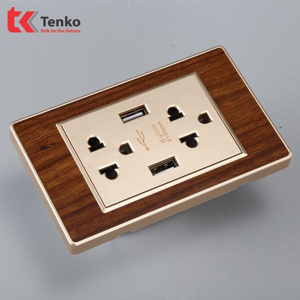 Ổ điện USB Âm Tường Vân Gỗ Cao Cấp - Ổ đôi 3 chấu tích hợp cổng usb - Thương hiệu Nhật Bản TENKO TK-C6-045