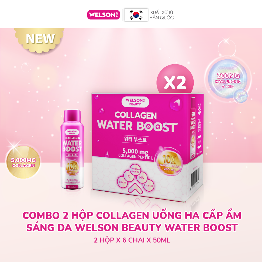 Combo 2 hộp Collagen uống HA cấp ẩm sáng da Welson Beauty Water Boost 2 hộp x 6 chai x 50ml