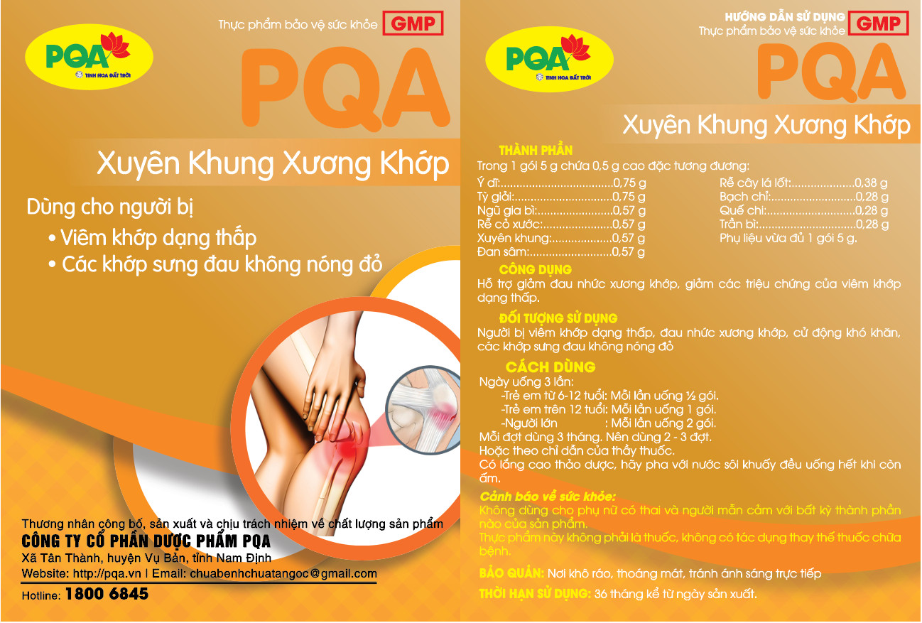 PQA Xuyên Khung Xương Khớp là dược phẩm thảo dược cho người bị viêm khớp dạng thấp, đau nhức xương khớp, cử động khó khăn, các khớp sưng đau hỗ trợ hạn chế đau nhức, giảm các triệu chứng của viêm khớp