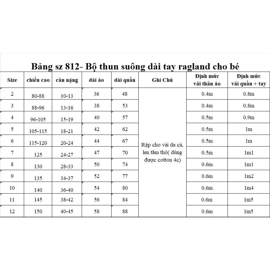 Rập giấy A0 bộ thun tay ragland cho bé 812