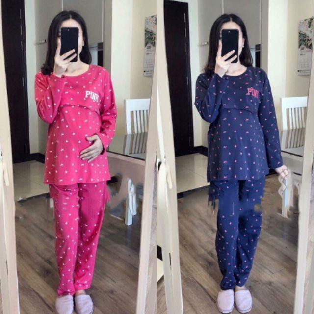 Bộ bầu và cho con bú sau sinh Dài Tay Pink, chất cotton Cao Cấp cho mẹ bầu mặc nhà có bigsize 85kg