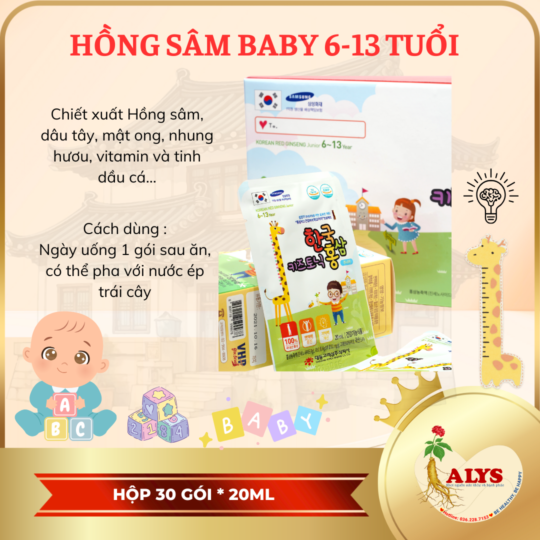 Nước Hồng Sâm Baby 6-13 tuổi Daedong Hàn Quốc ( Hộp 20ml*30 gói )