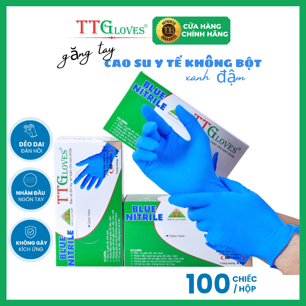Găng Tay Cao Su Y Tế Size S Không Bột Nitrile TTGLOVES Màu Xanh (100 Chiếc)