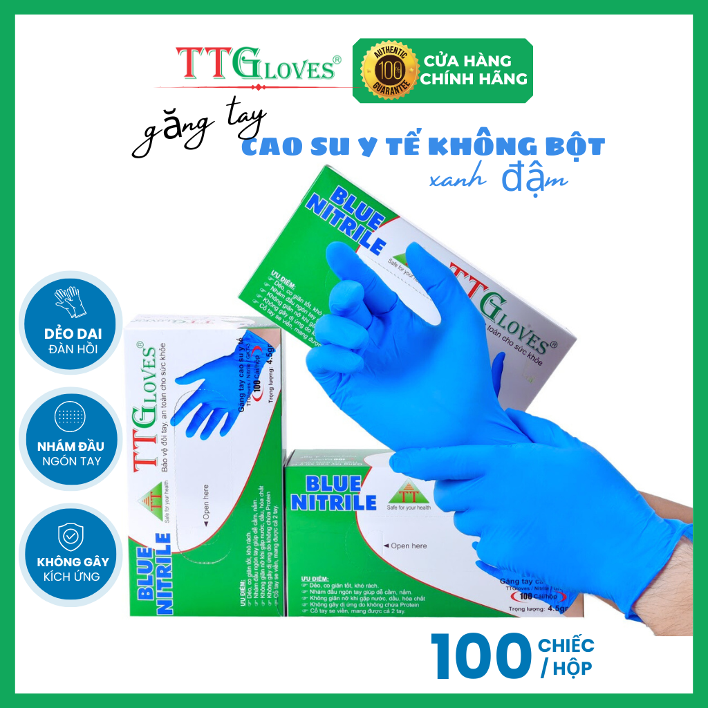 Găng Tay Cao Su Y Tế Size L Không Bột Nitrile TTGLOVES Màu Xanh (100 Chiếc)