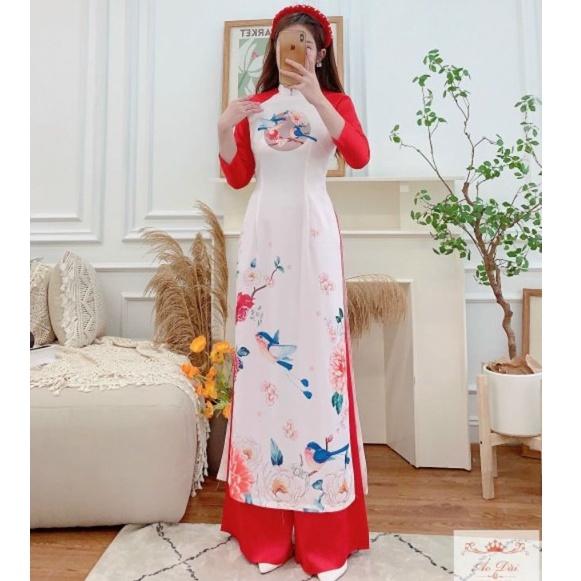 Áo Dài Cách Tân Lụa phối Tapta Tay Đỏ Siêu Xinh Cho Các Nàng Vào Sắc Thu