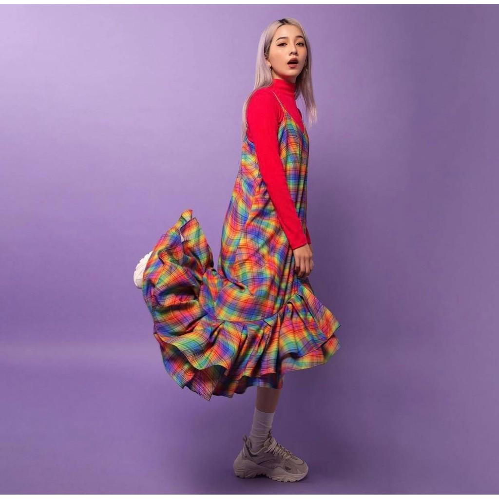 Đầm Hai Dây Maxi Chân Váy Xoè Cầu Vồng TARTAN - Tartan Dress SE / Rainbow / Tartan Pattern 
