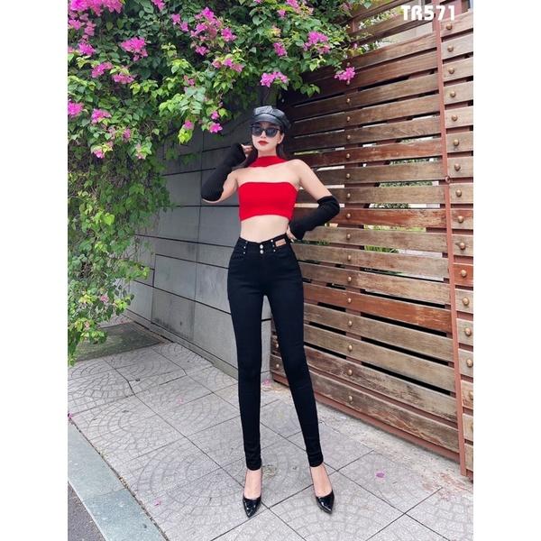 Quần Jeans Nữ Lưng Cao Phối Da Thời Trang