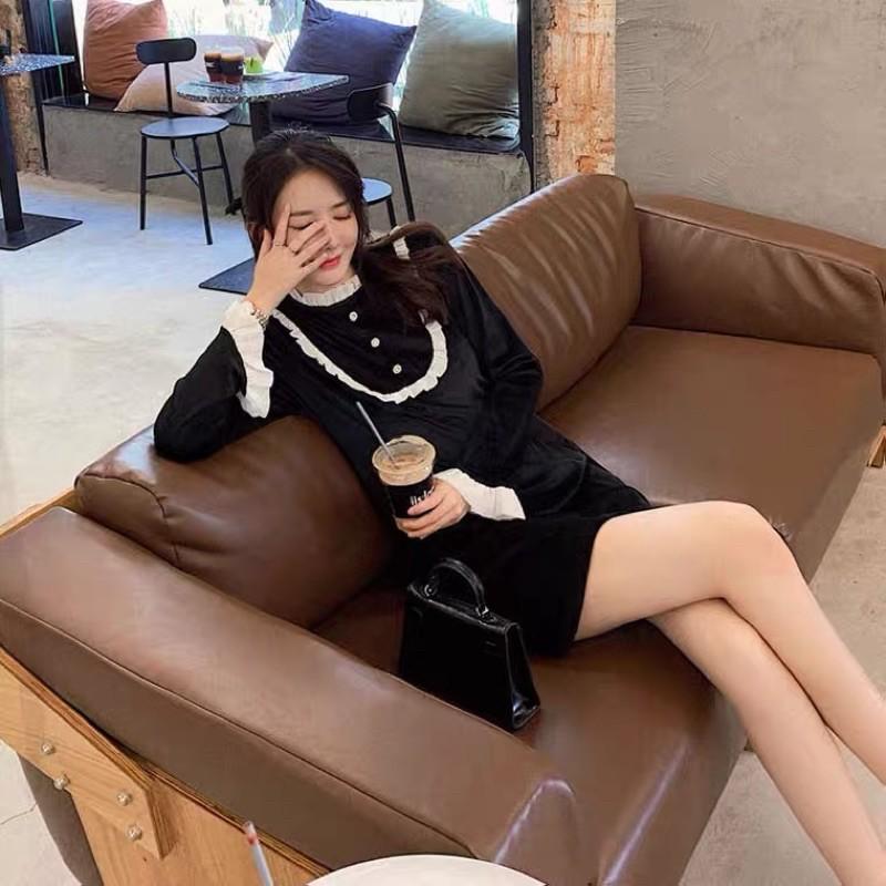 Đầm nhung dài tay viền bèo cúc ngọc hàng xuất